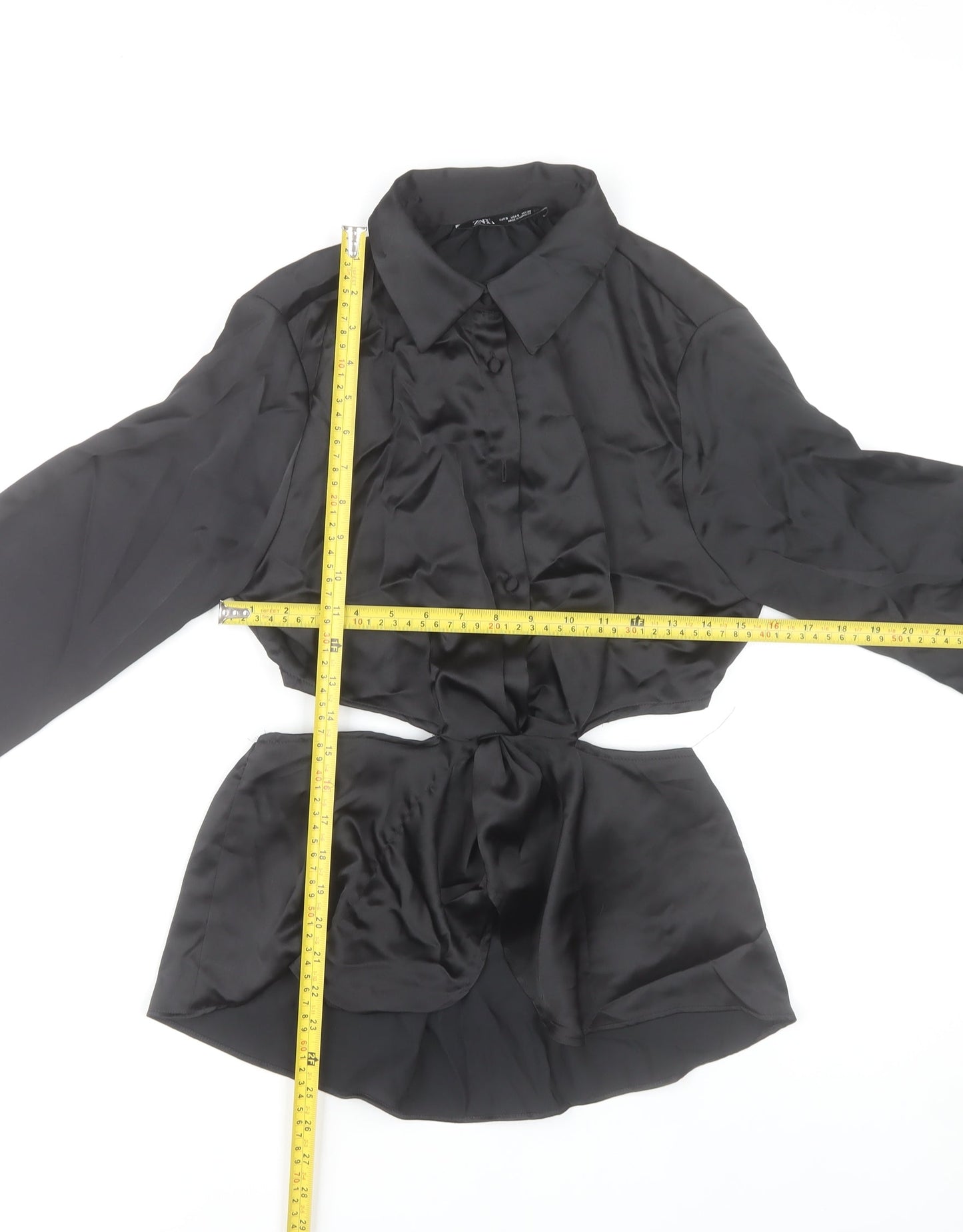 Zara Women Black Satin Cropped Button-Up Shirt Size S
