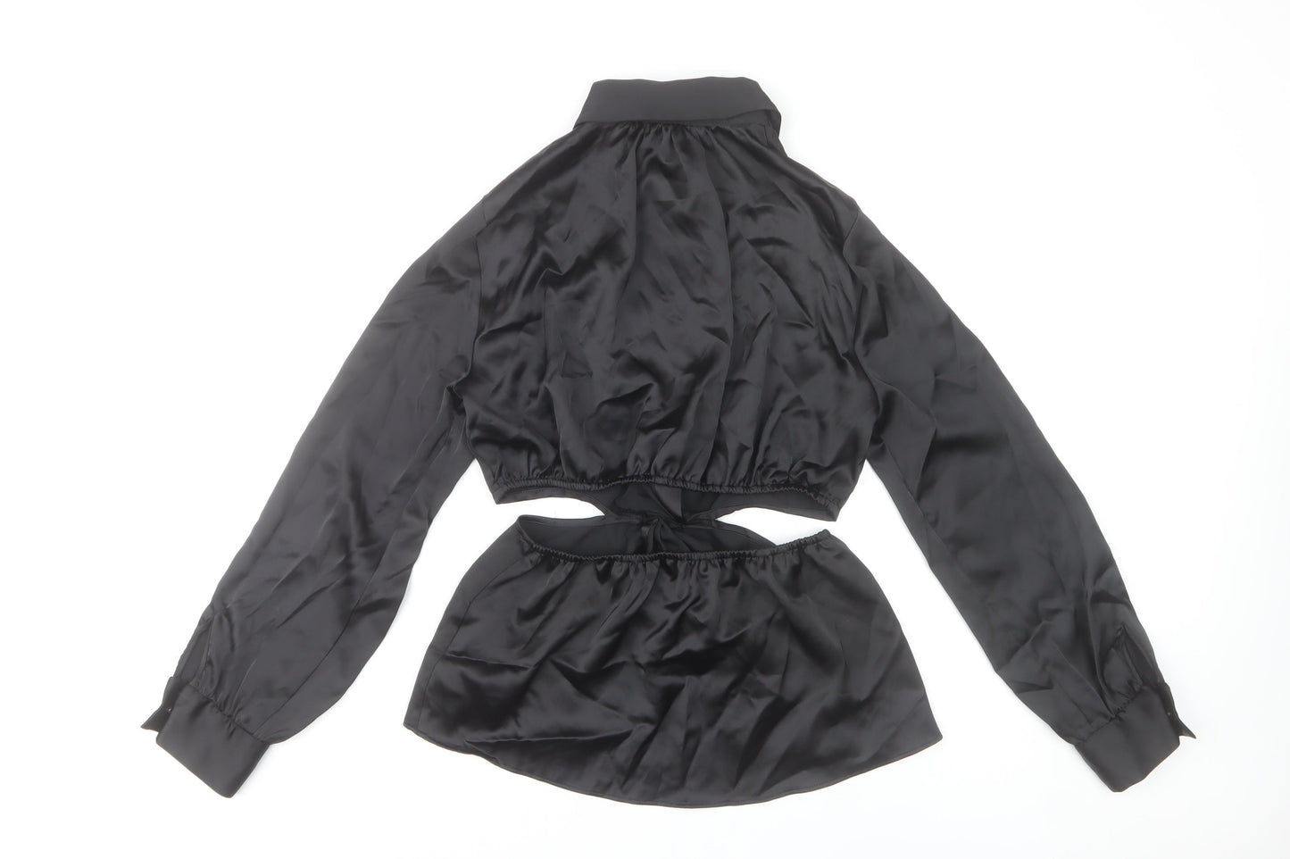 Zara Women Black Satin Cropped Button-Up Shirt Size S