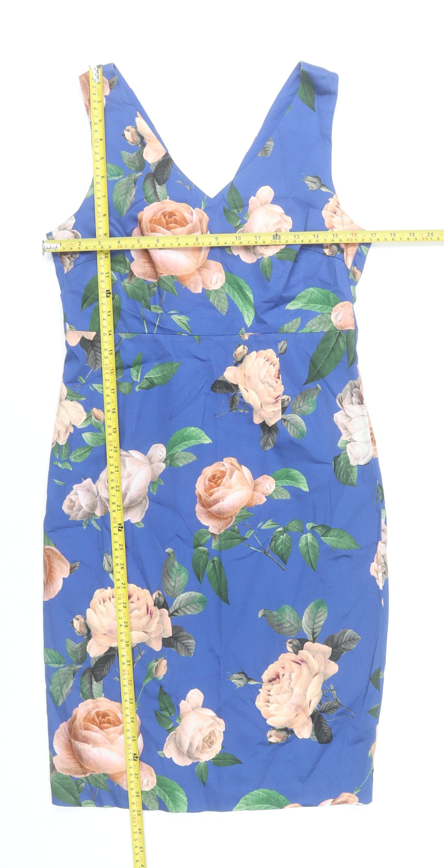 Hallhuber Women Blue Floral Sheath Dress Size 10 V-Neck Sleeveless