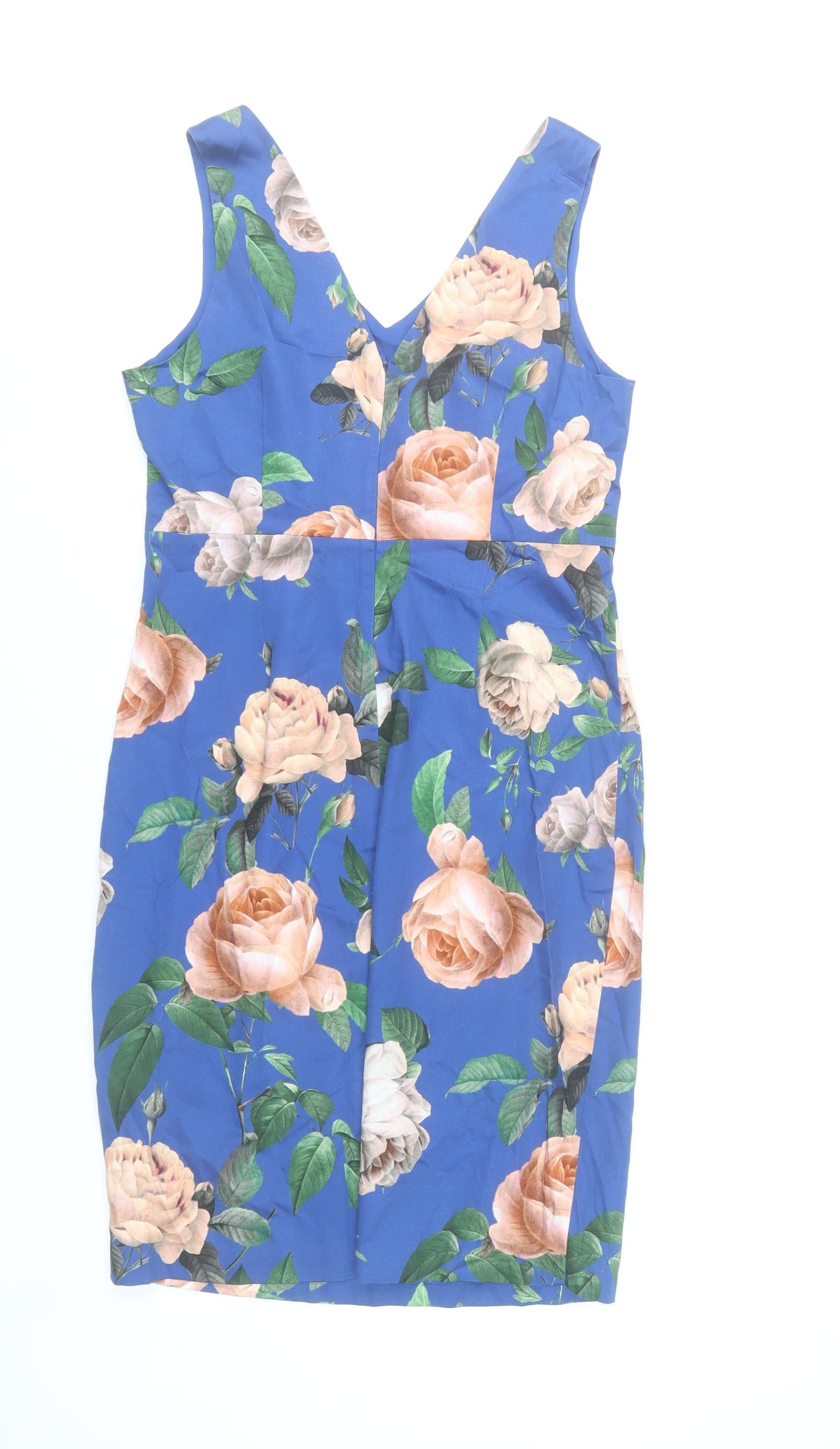 Hallhuber Women Blue Floral Sheath Dress Size 10 V-Neck Sleeveless