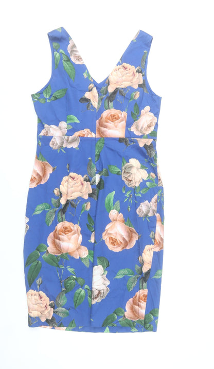 Hallhuber Women Blue Floral Sheath Dress Size 10 V-Neck Sleeveless