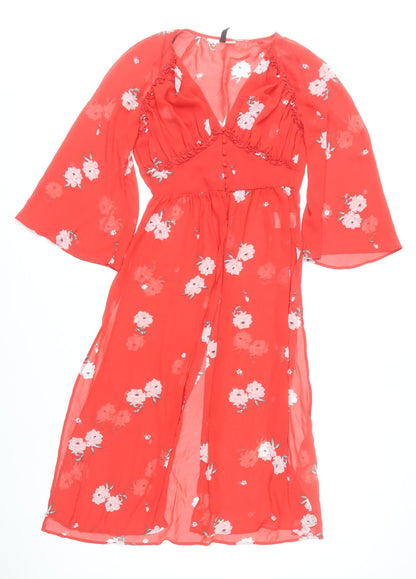 H&M Women Red Floral Midi A-Line Dress Size 8 V-Neck Long Sleeve