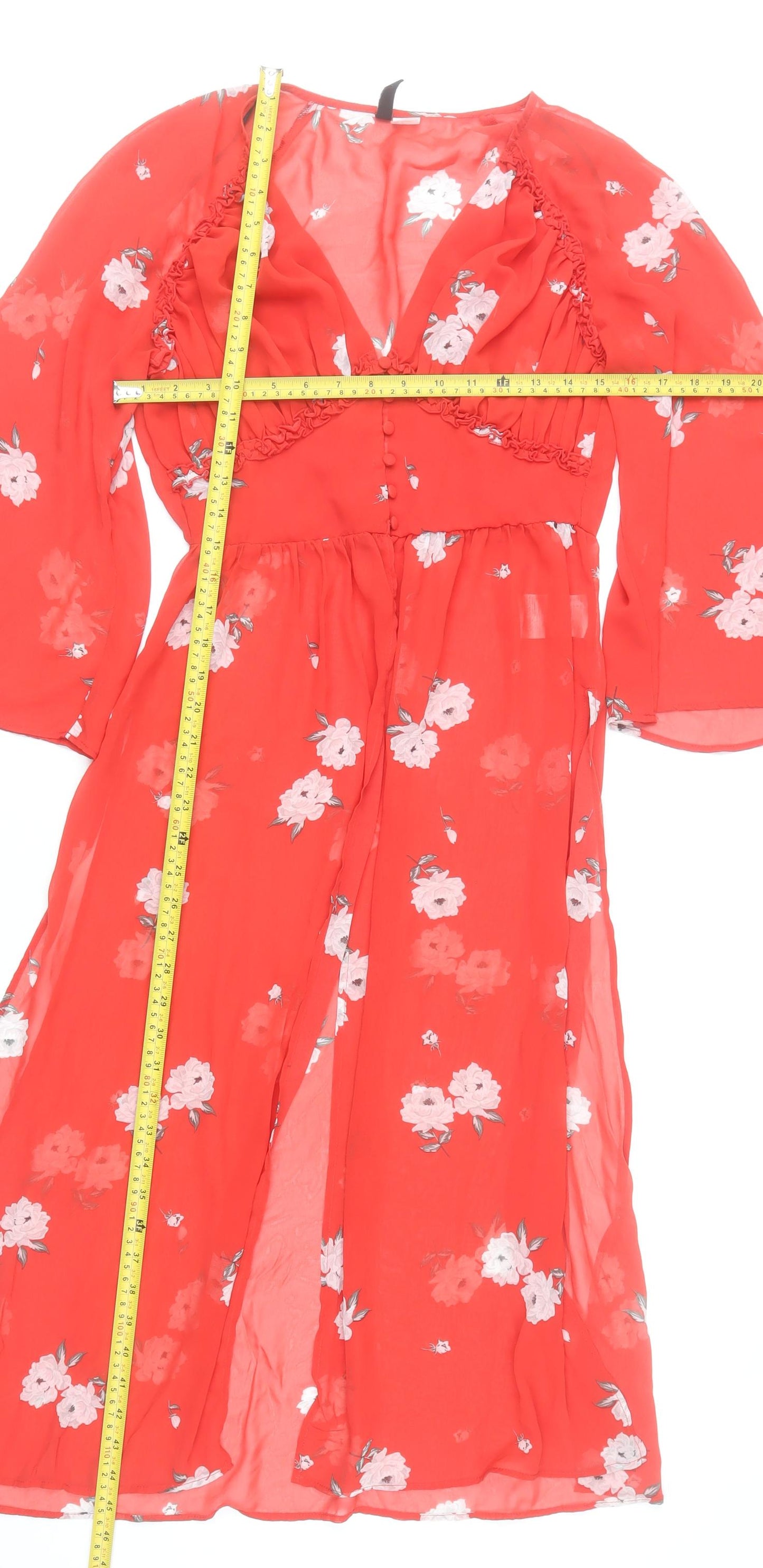 H&M Women Red Floral Midi A-Line Dress Size 8 V-Neck Long Sleeve