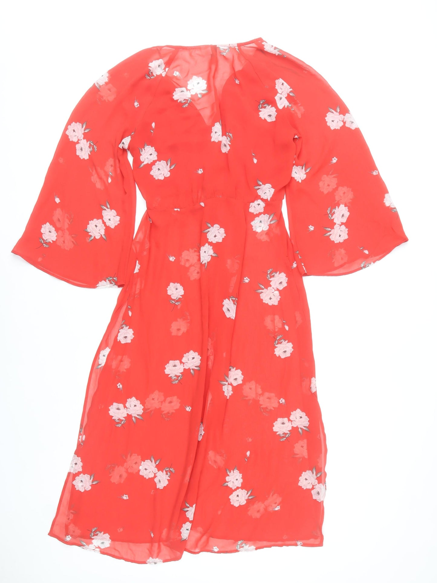 H&M Women Red Floral Midi A-Line Dress Size 8 V-Neck Long Sleeve