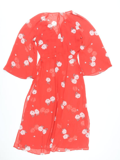 H&M Women Red Floral Midi A-Line Dress Size 8 V-Neck Long Sleeve