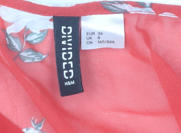 H&M Women Red Floral Midi A-Line Dress Size 8 V-Neck Long Sleeve