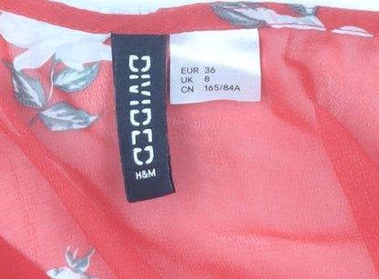 H&M Women Red Floral Midi A-Line Dress Size 8 V-Neck Long Sleeve