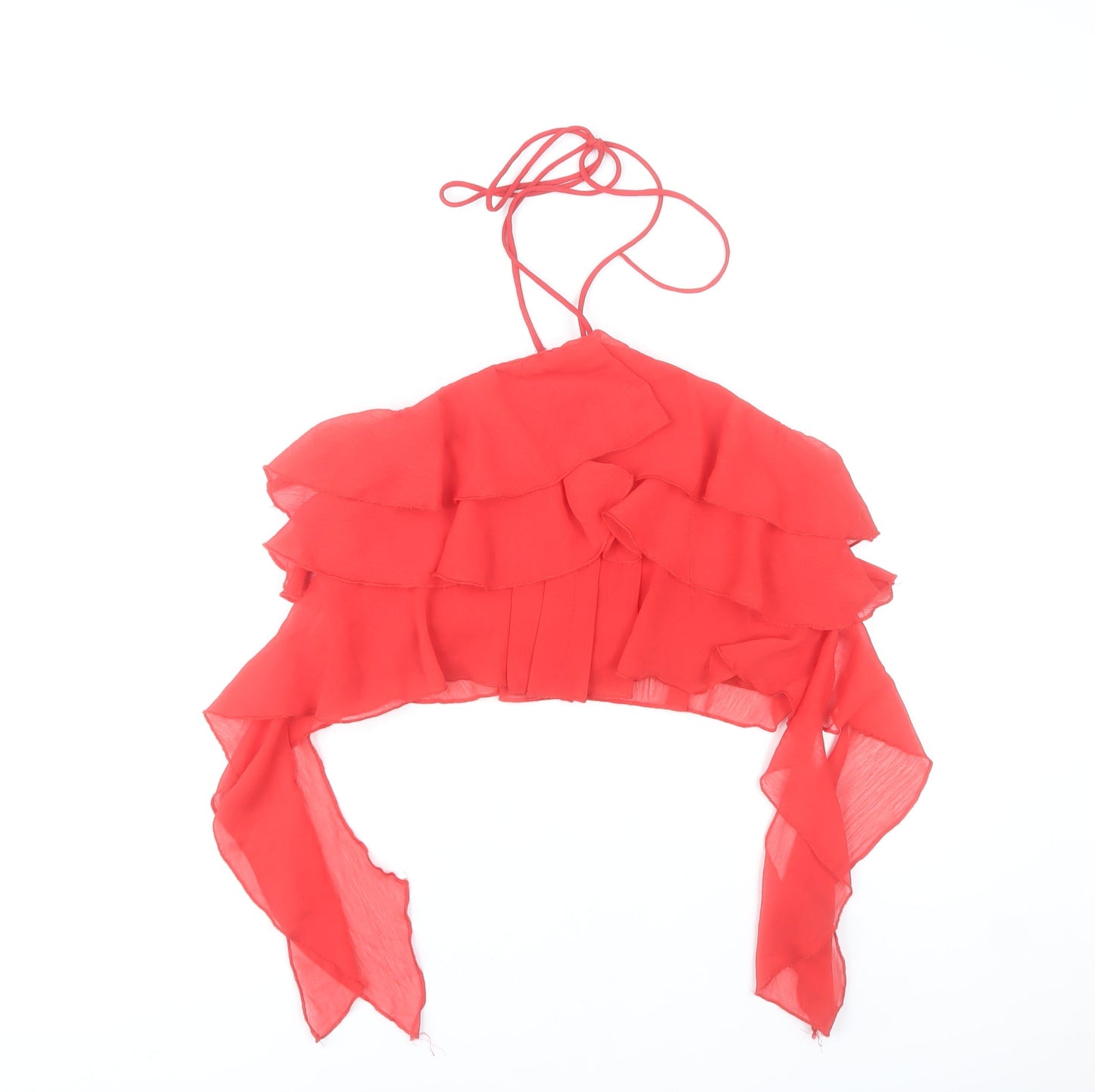 Stradivarius Women Red Halter Cropped Ruffle Chiffon Top Size 10