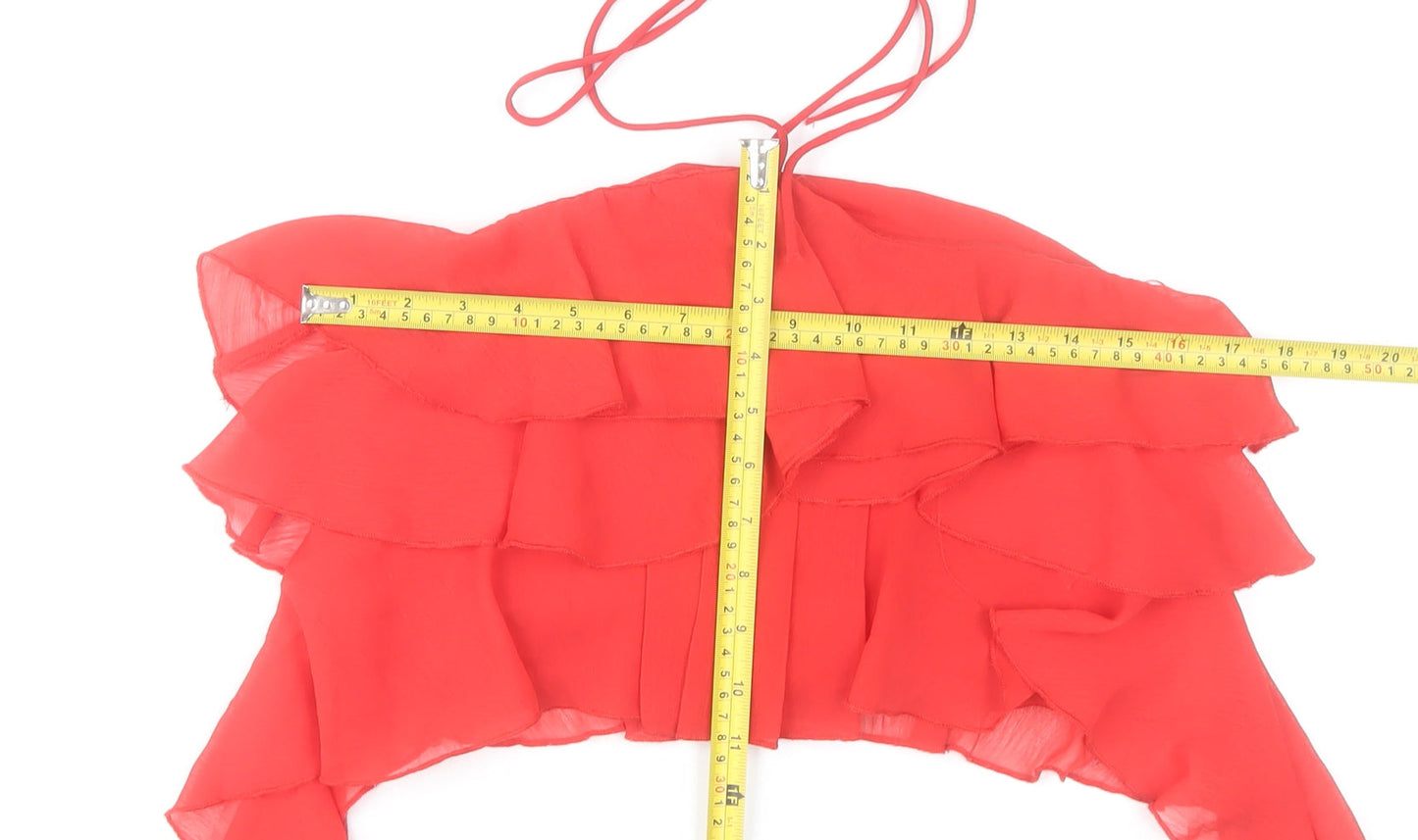 Stradivarius Women Red Halter Cropped Ruffle Chiffon Top Size 10