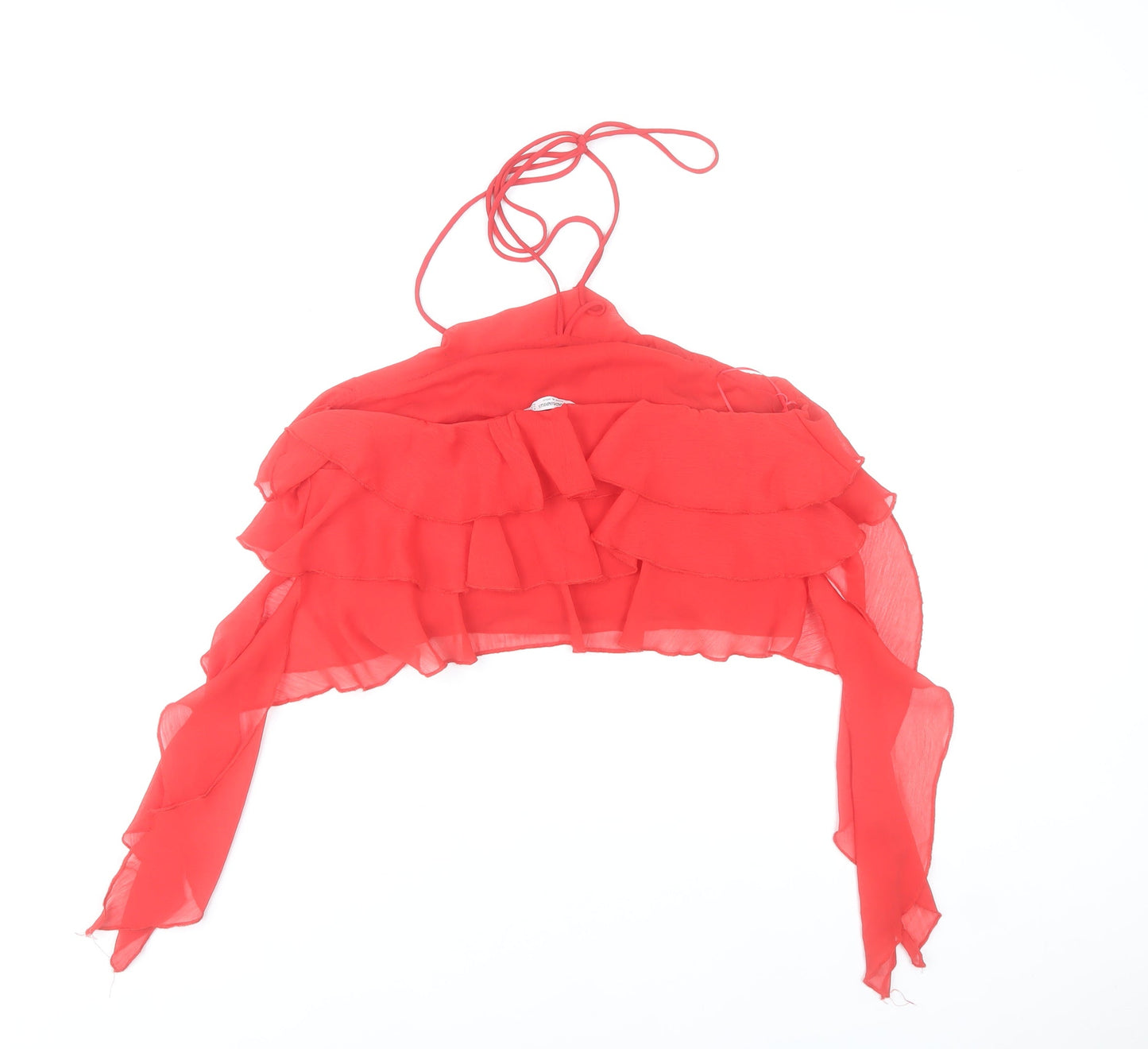 Stradivarius Women Red Halter Cropped Ruffle Chiffon Top Size 10