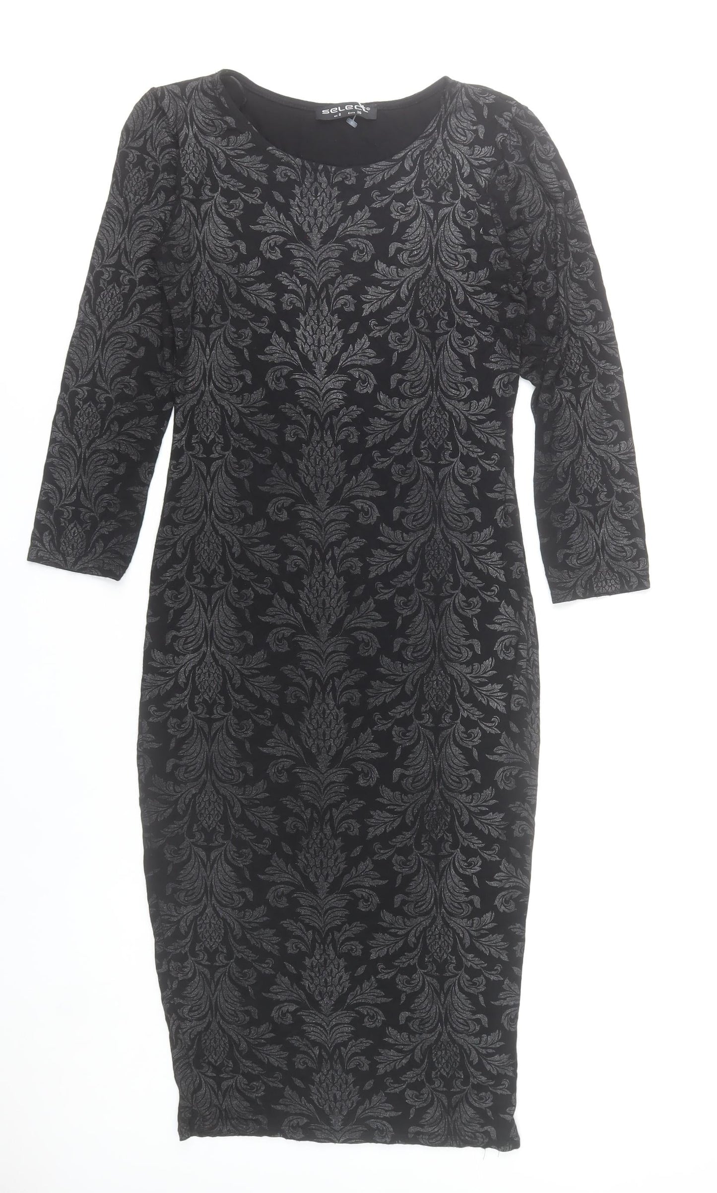 Select Womens Black Damask Bodycon Dress Size 8 3/4 Sleeve Scoop Neck