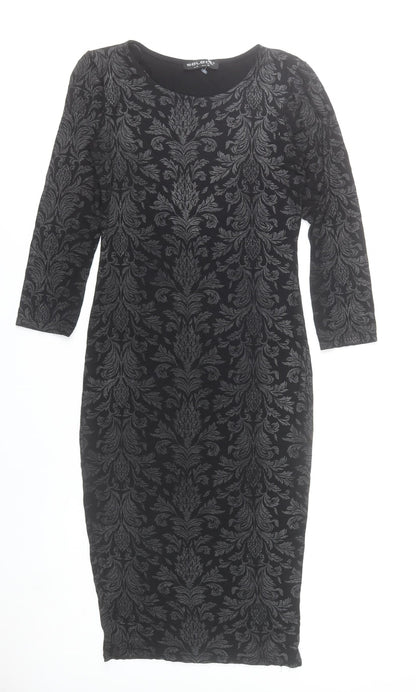 Select Womens Black Damask Bodycon Dress Size 8 3/4 Sleeve Scoop Neck