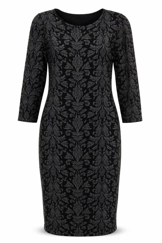 Select Womens Black Damask Bodycon Dress Size 8 3/4 Sleeve Scoop Neck