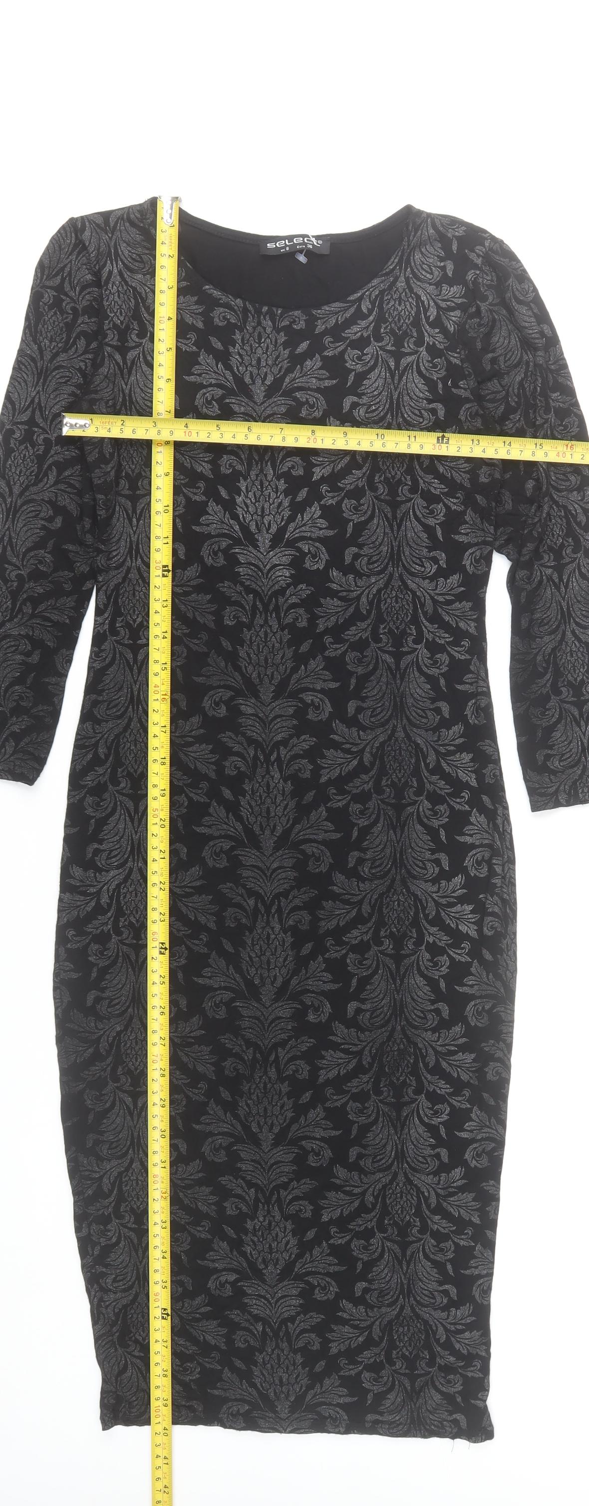 Select Womens Black Damask Bodycon Dress Size 8 3/4 Sleeve Scoop Neck