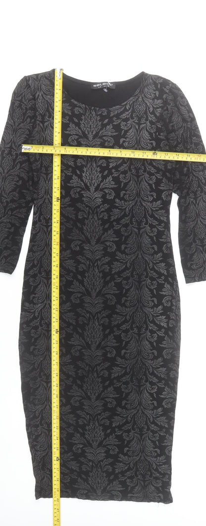 Select Womens Black Damask Bodycon Dress Size 8 3/4 Sleeve Scoop Neck