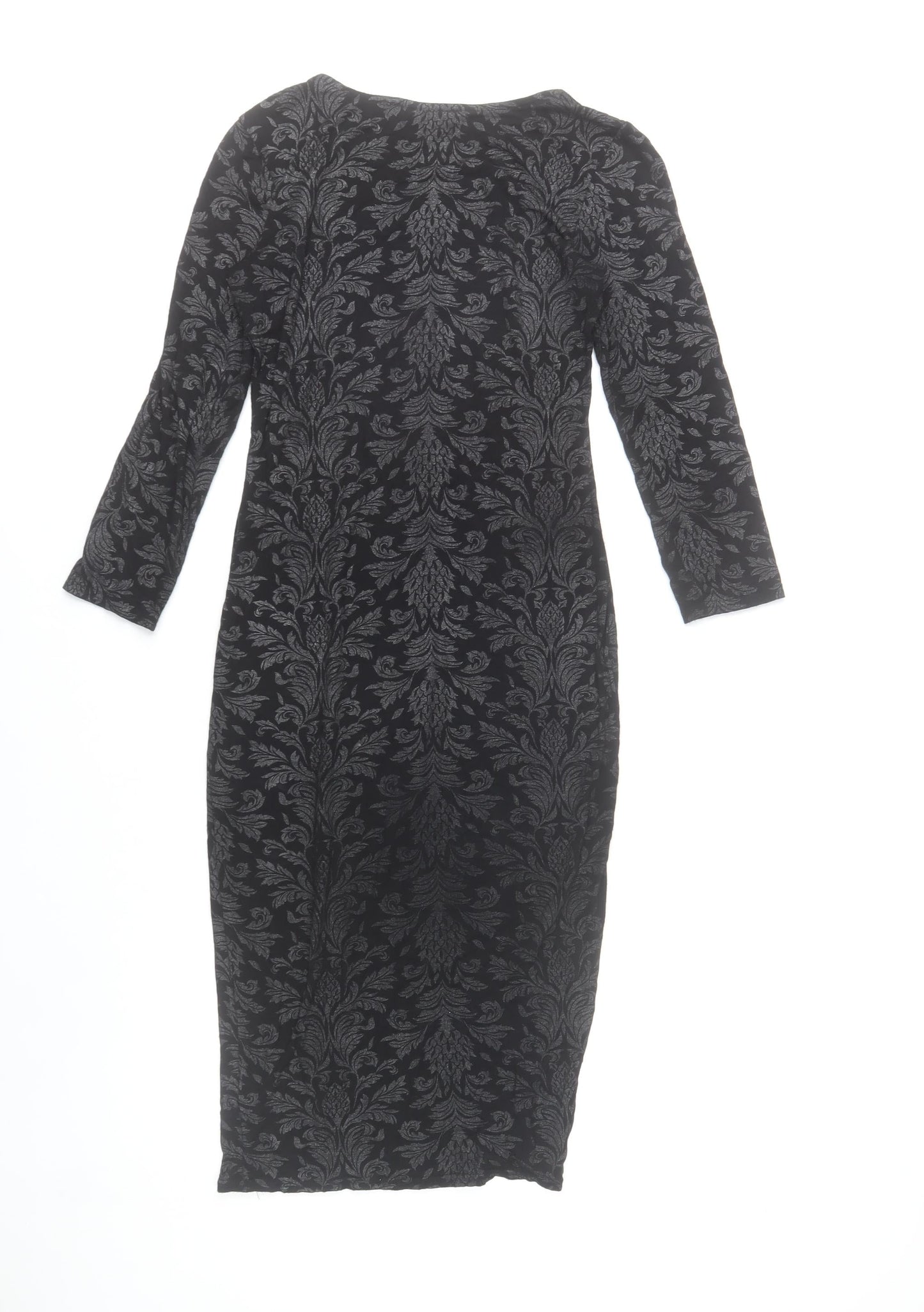 Select Womens Black Damask Bodycon Dress Size 8 3/4 Sleeve Scoop Neck