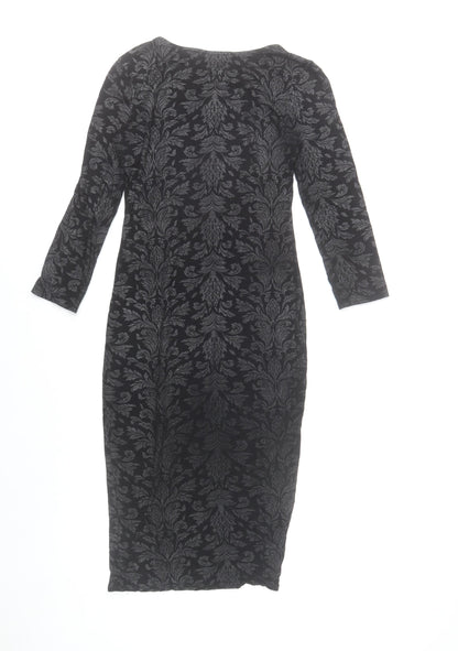 Select Womens Black Damask Bodycon Dress Size 8 3/4 Sleeve Scoop Neck