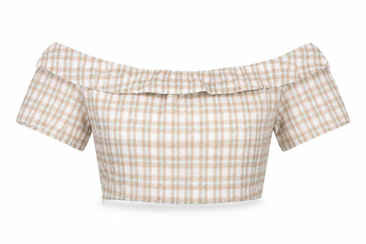 PrettyLittleThing Women’s Beige Check Off Shoulder Cropped Blouse Size 10