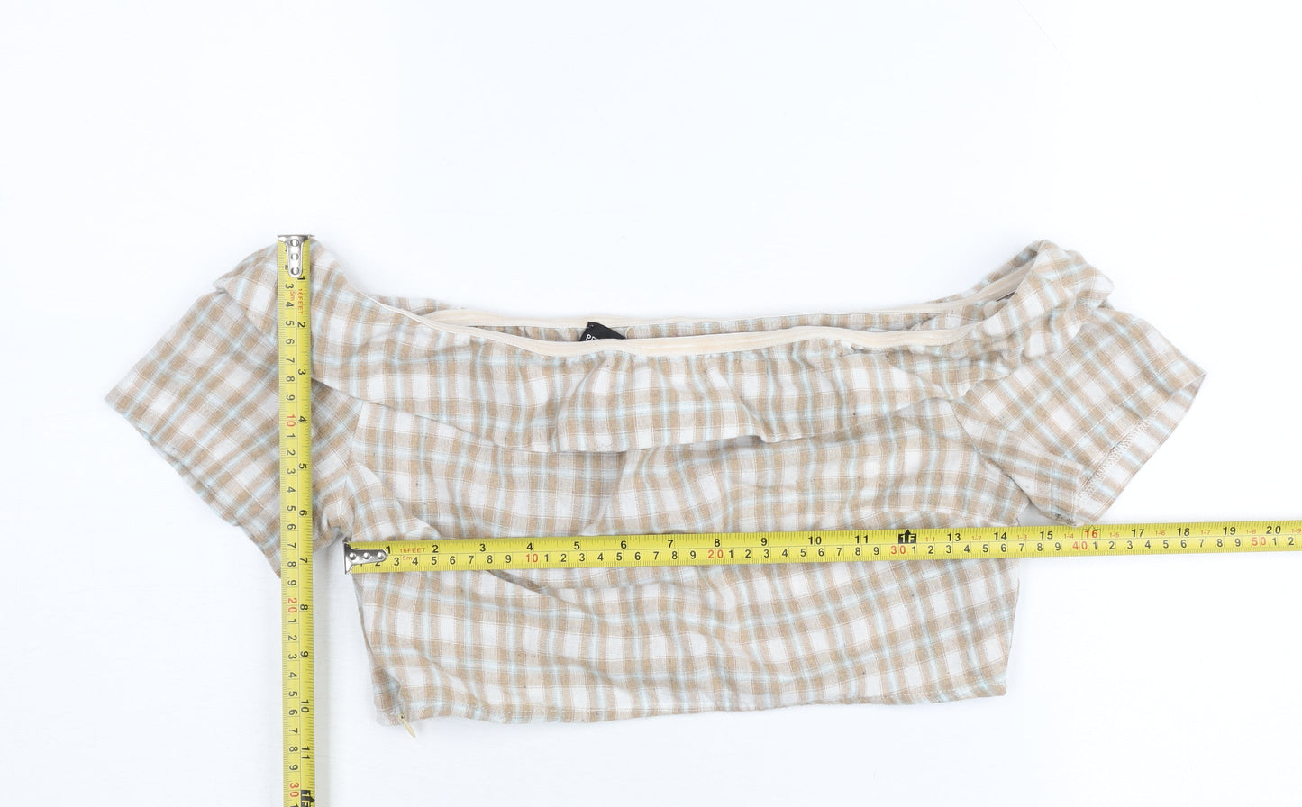 PrettyLittleThing Women’s Beige Check Off Shoulder Cropped Blouse Size 10