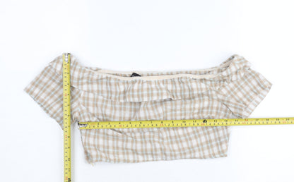 PrettyLittleThing Women’s Beige Check Off Shoulder Cropped Blouse Size 10