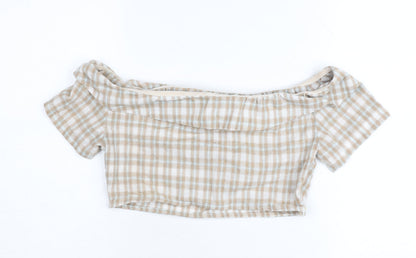 PrettyLittleThing Women’s Beige Check Off Shoulder Cropped Blouse Size 10