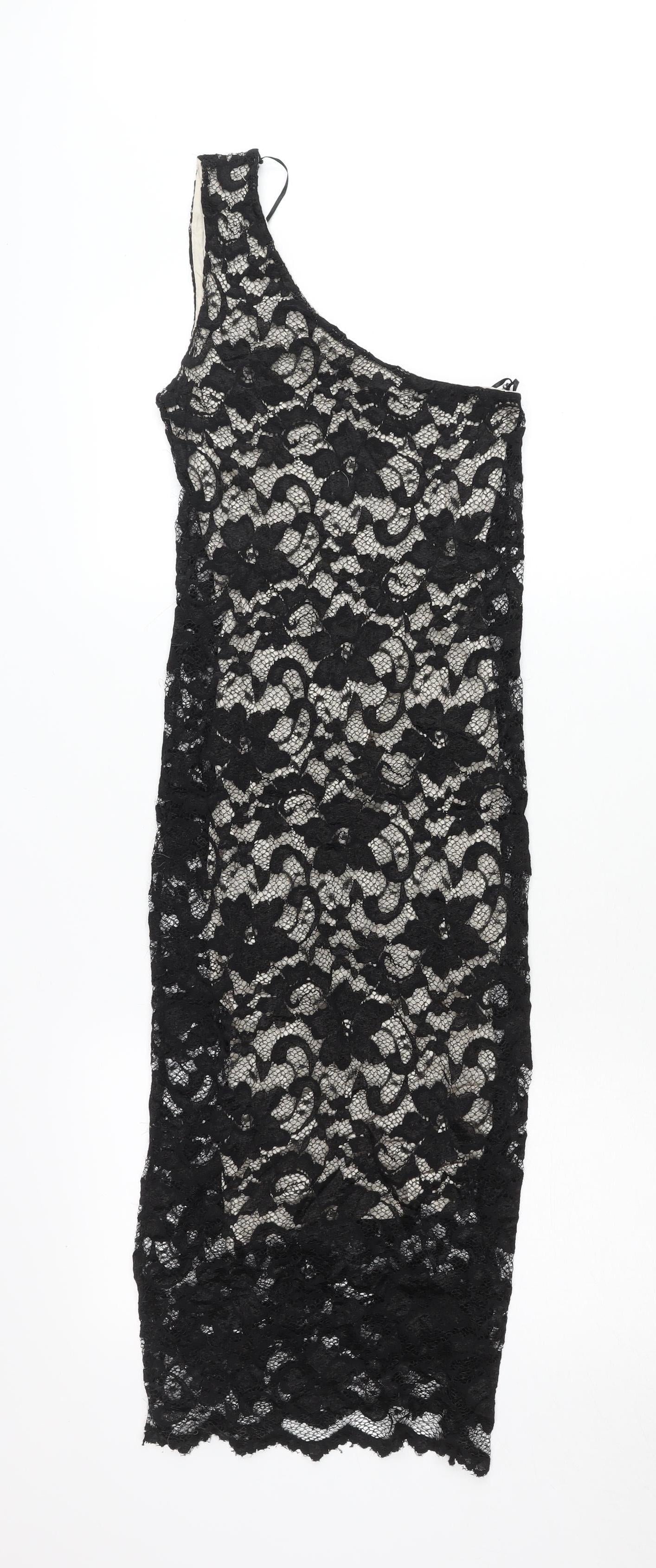 ASOS Petite Women’s Black Lace One Shoulder Bodycon Mini Dress Size 8