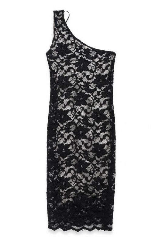 ASOS Petite Women’s Black Lace One Shoulder Bodycon Mini Dress Size 8