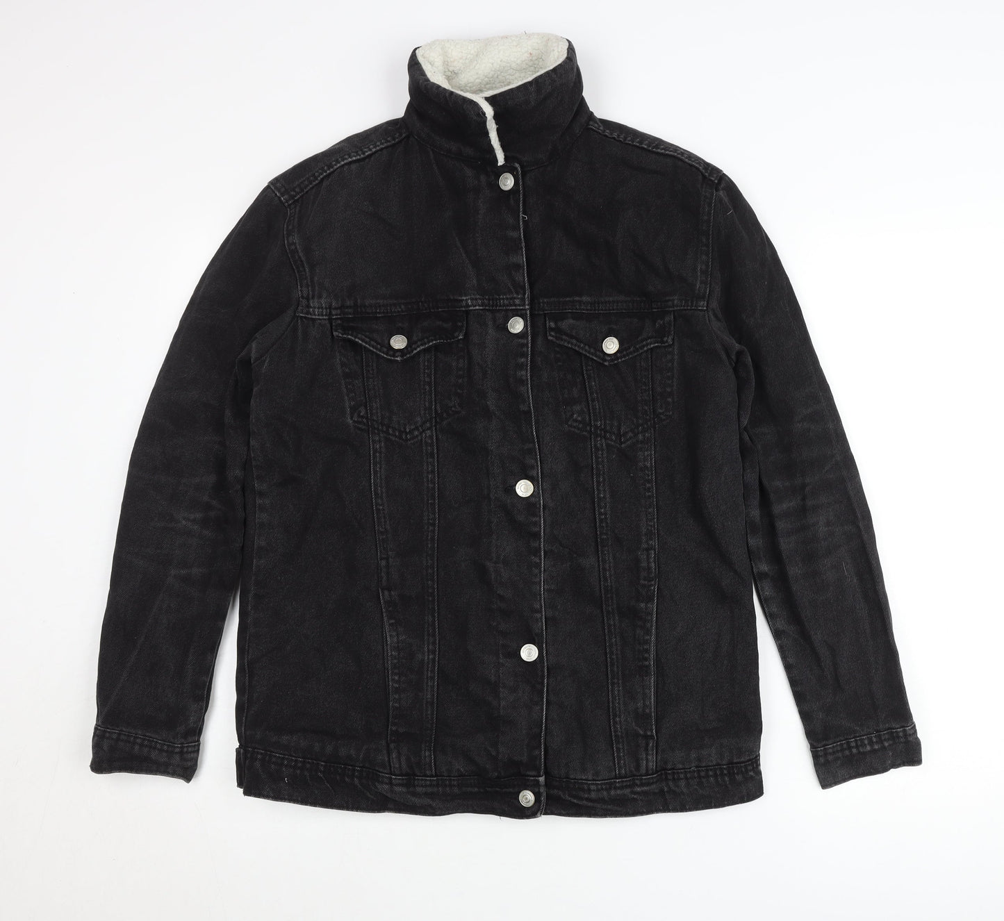 Stradivarius Womens Black Denim Jacket Size 8 Lined Casual