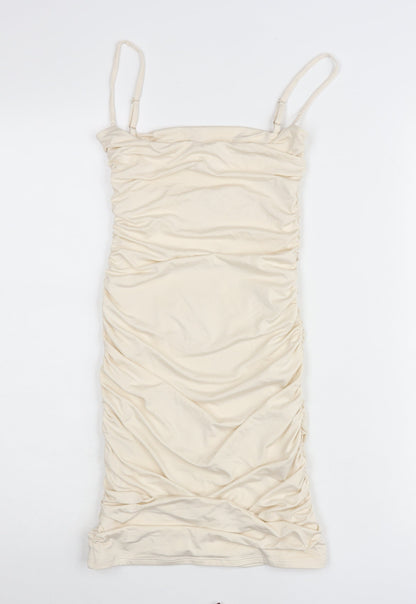 Oh Polly Women’s Ivory Ruched Bodycon Dress UK 6 Sleeveless Party