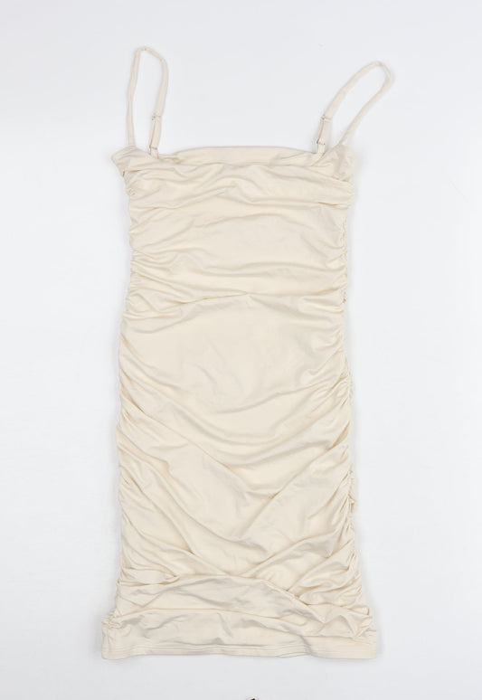 Oh Polly Women’s Ivory Ruched Bodycon Dress UK 6 Sleeveless Party