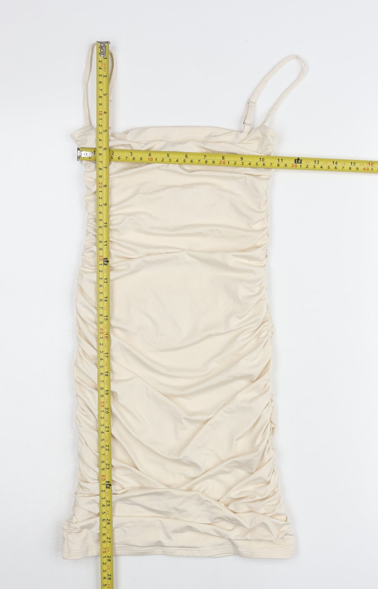 Oh Polly Women’s Ivory Ruched Bodycon Dress UK 6 Sleeveless Party