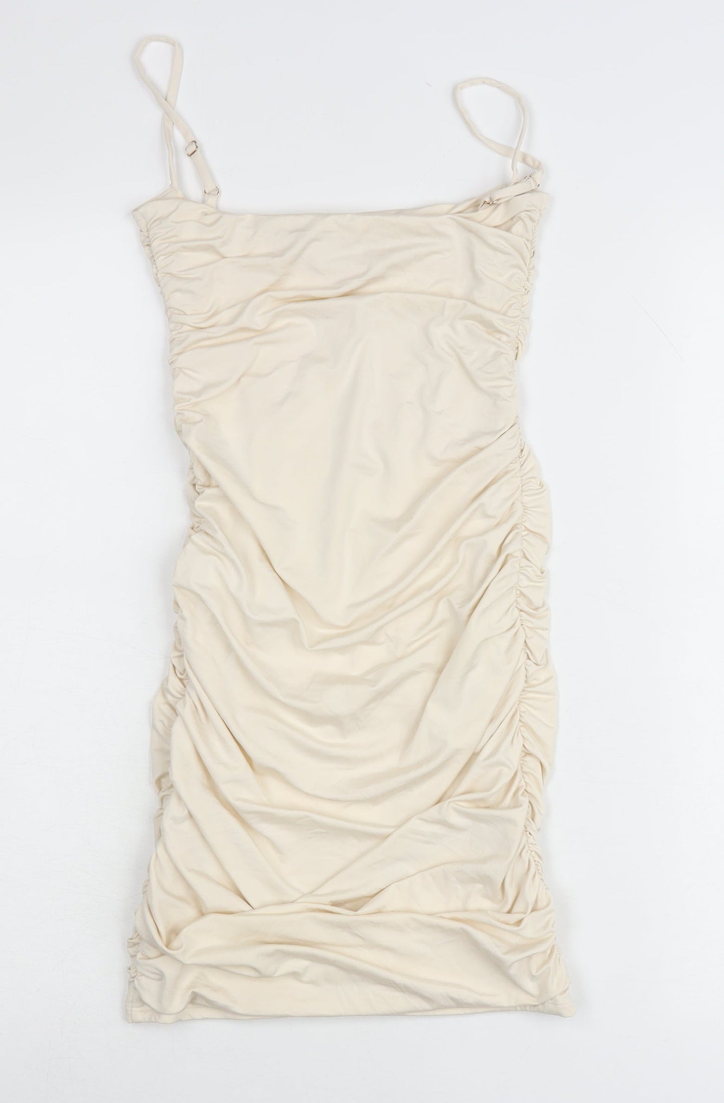 Oh Polly Women’s Ivory Ruched Bodycon Dress UK 6 Sleeveless Party