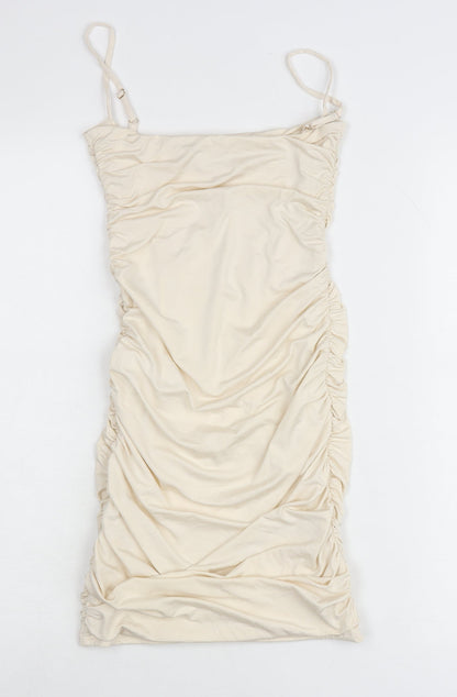 Oh Polly Women’s Ivory Ruched Bodycon Dress UK 6 Sleeveless Party