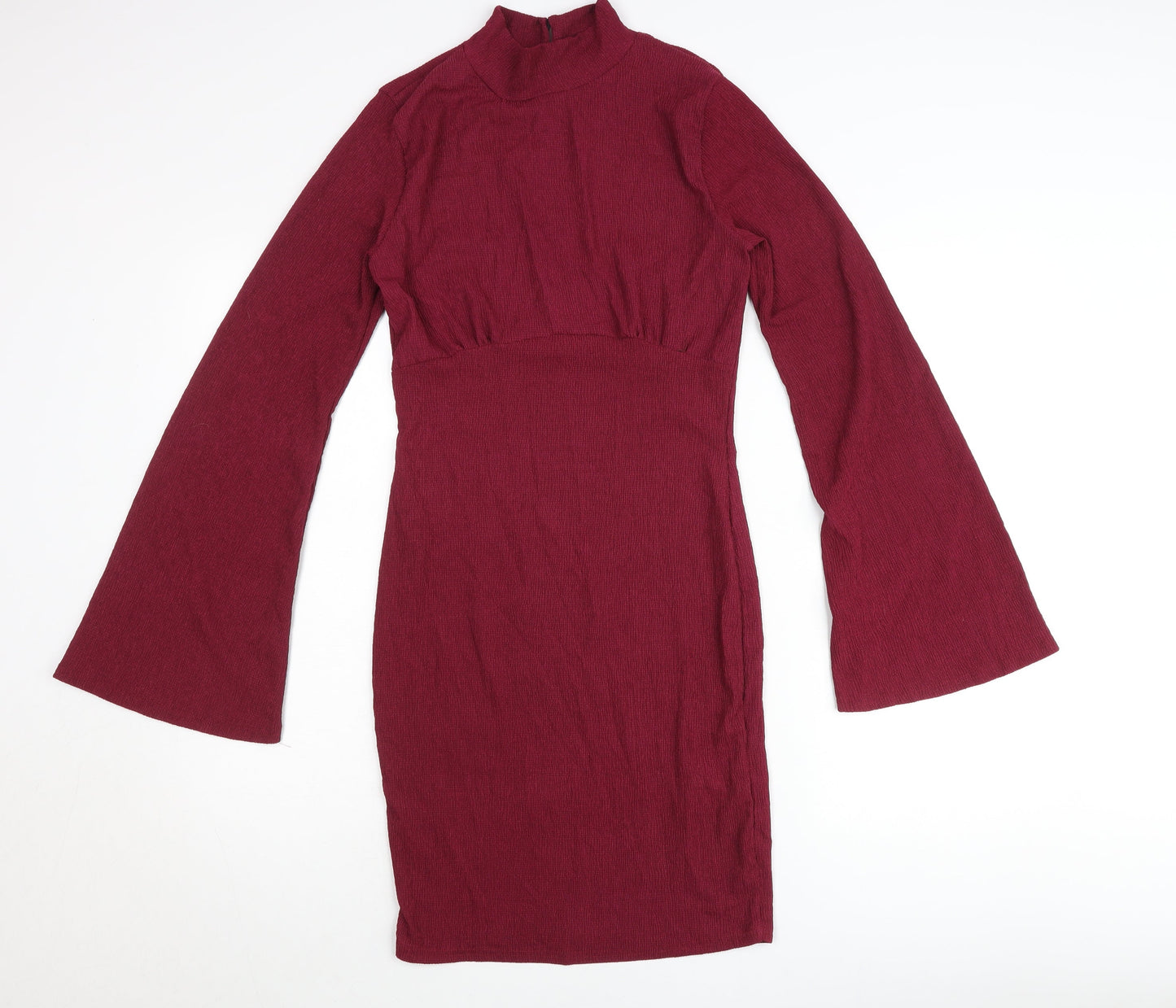 Boohoo Women’s Red Bodycon Mini Dress Size 8 Bell Sleeve High Neck
