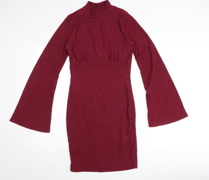 Boohoo Women’s Red Bodycon Mini Dress Size 8 Bell Sleeve High Neck