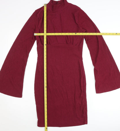 Boohoo Women’s Red Bodycon Mini Dress Size 8 Bell Sleeve High Neck