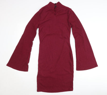 Boohoo Women’s Red Bodycon Mini Dress Size 8 Bell Sleeve High Neck