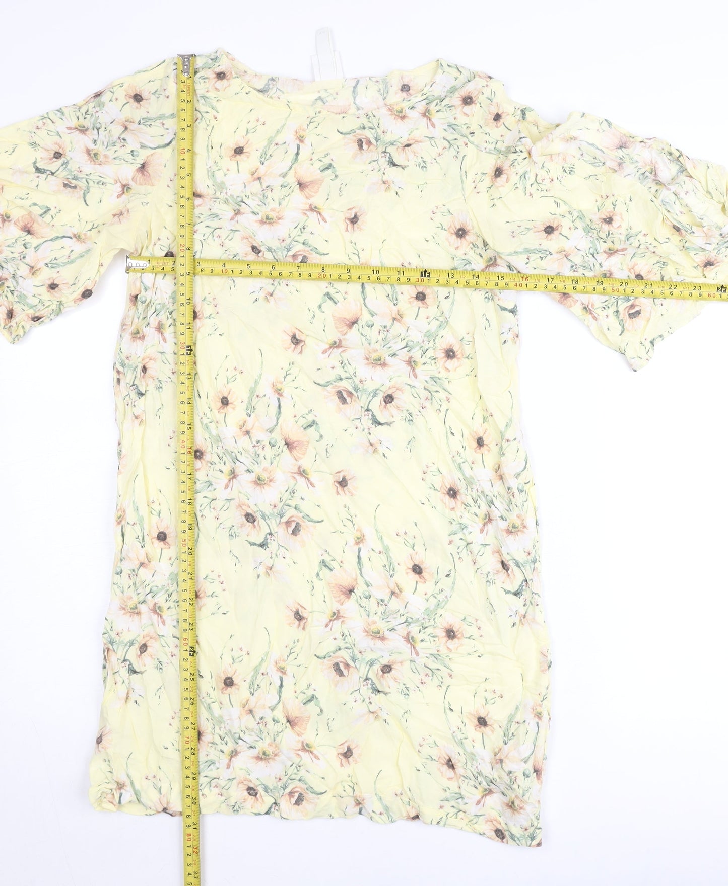 H&M Women’s Yellow Floral Tunic Blouse UK 10 Chiffon Summer Top
