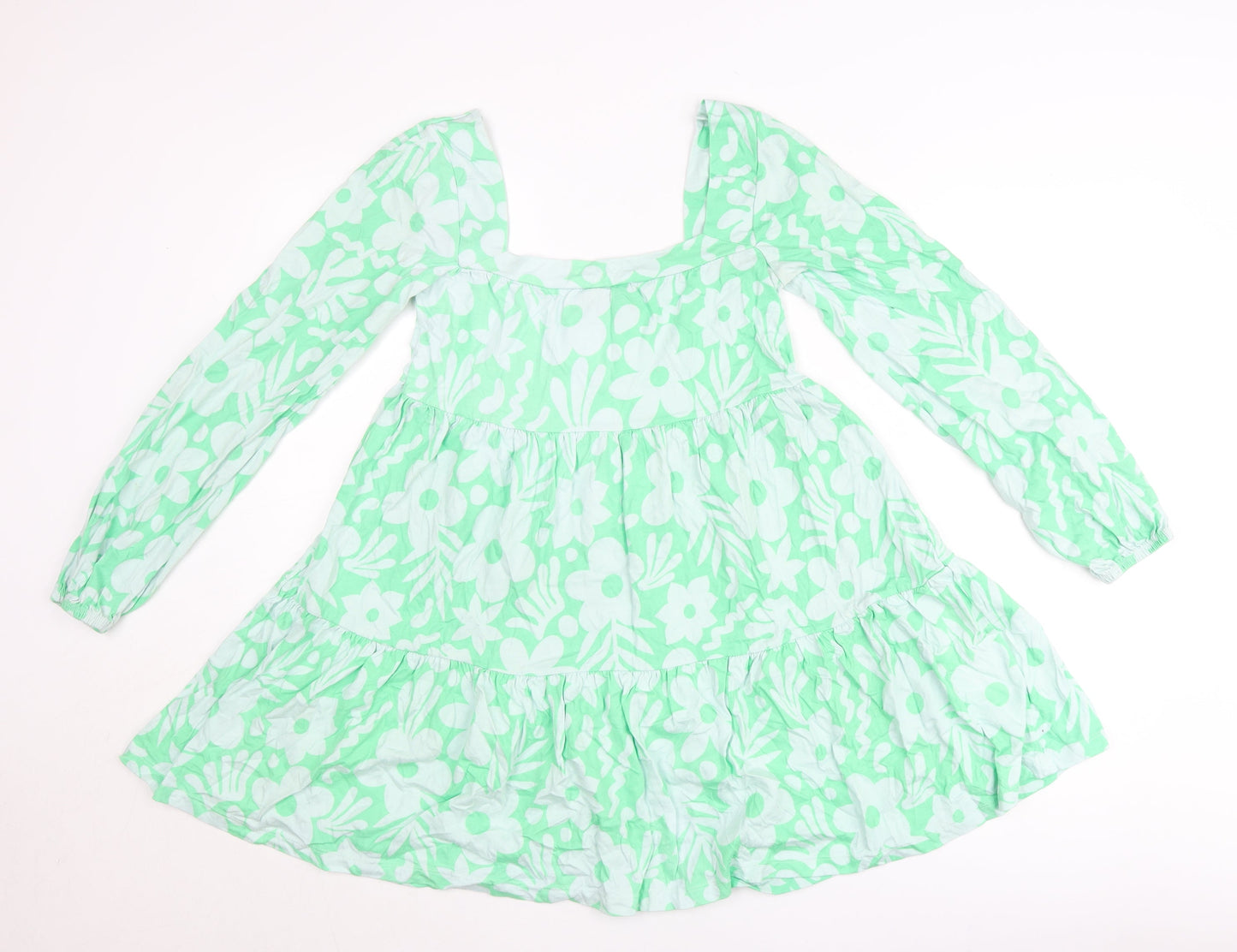 ASOS Women’s Green Floral Smock Dress Size 8 Long Sleeve Square Neck