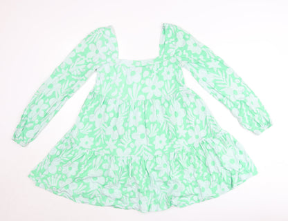 ASOS Women’s Green Floral Smock Dress Size 8 Long Sleeve Square Neck