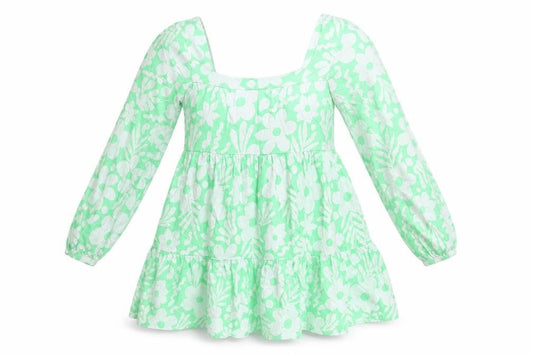 ASOS Women’s Green Floral Smock Dress Size 8 Long Sleeve Square Neck