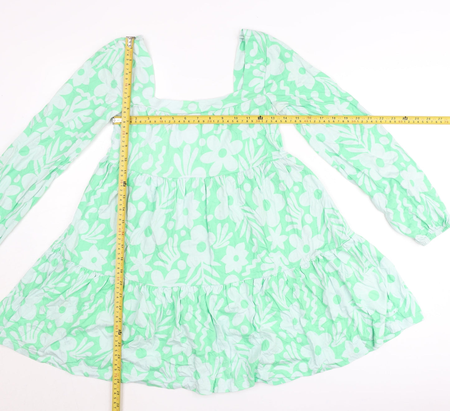 ASOS Women’s Green Floral Smock Dress Size 8 Long Sleeve Square Neck