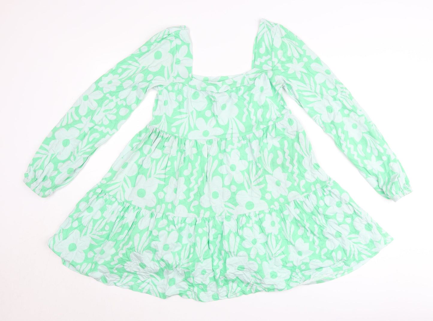 ASOS Women’s Green Floral Smock Dress Size 8 Long Sleeve Square Neck