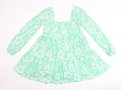 ASOS Women’s Green Floral Smock Dress Size 8 Long Sleeve Square Neck