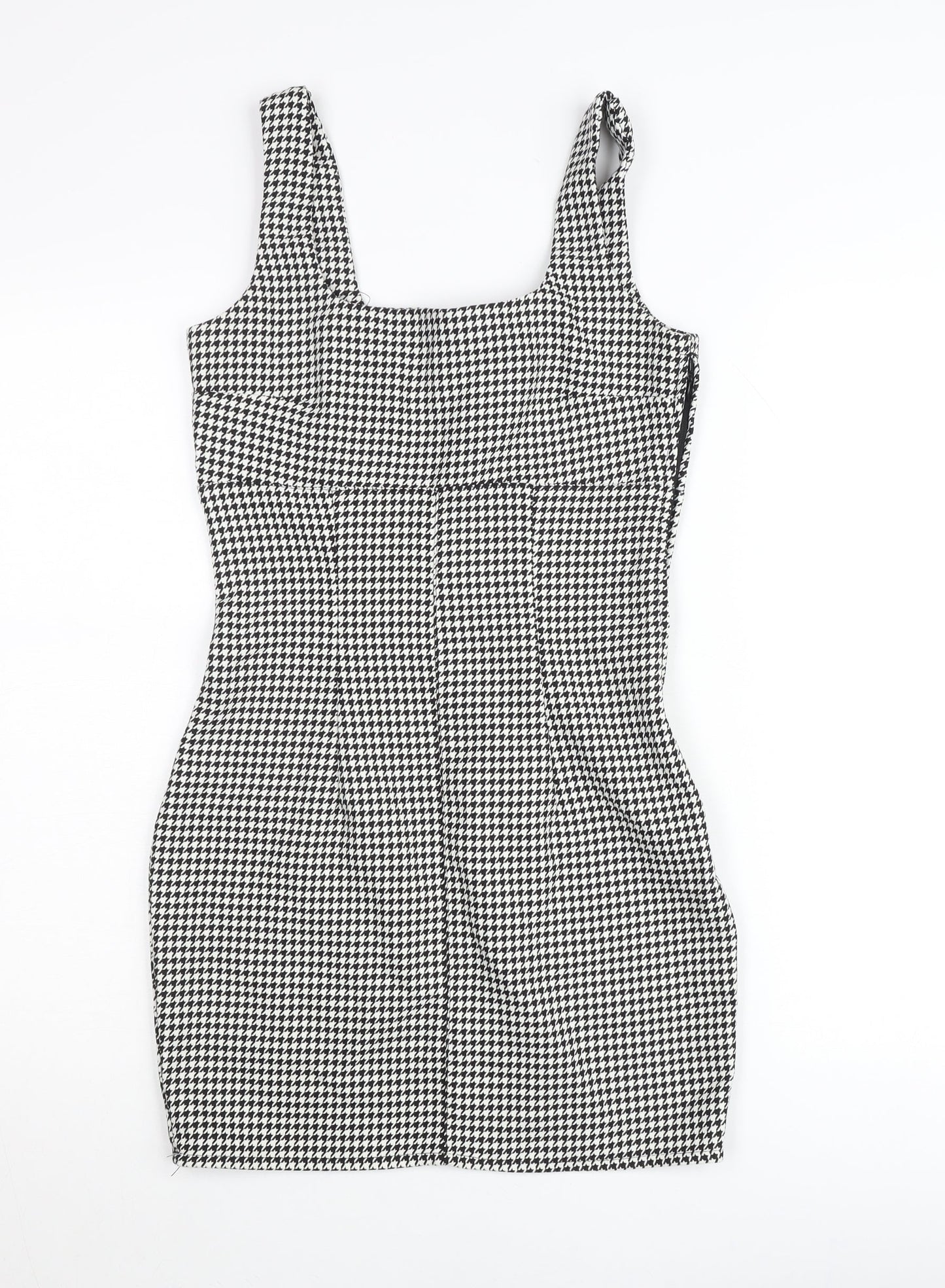 H&M Women’s Black Houndstooth Bodycon Dress UK 8 Sleeveless Square Neck