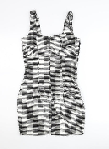 H&M Women’s Black Houndstooth Bodycon Dress UK 8 Sleeveless Square Neck