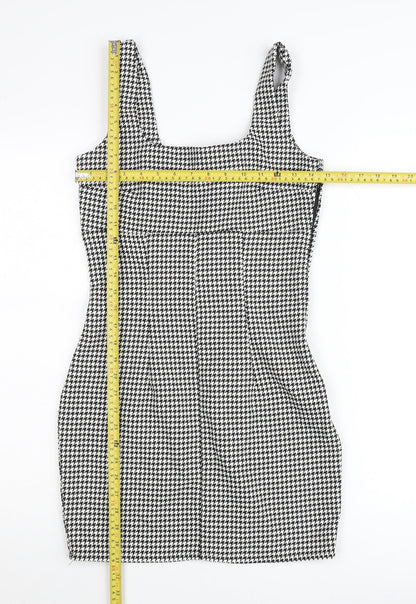 H&M Women’s Black Houndstooth Bodycon Dress UK 8 Sleeveless Square Neck