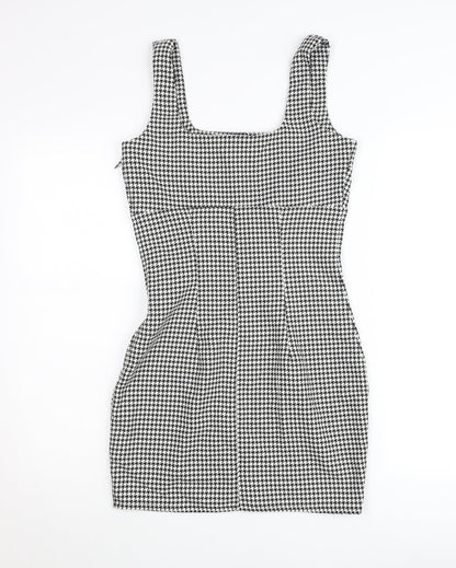 H&M Women’s Black Houndstooth Bodycon Dress UK 8 Sleeveless Square Neck