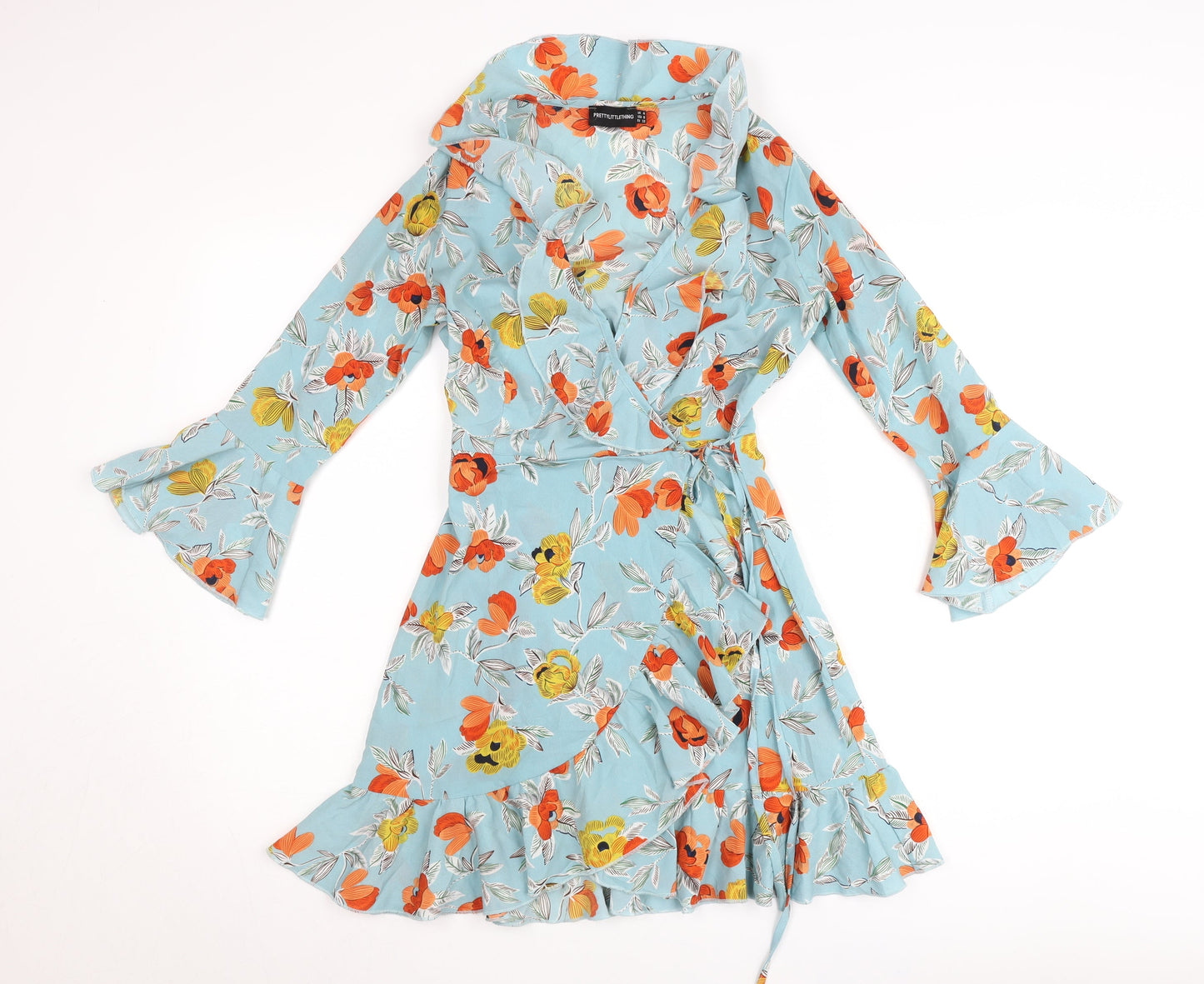 PrettyLittleThing Women’s Blue Floral Wrap Dress UK 4 Short Sleeve Ruffle