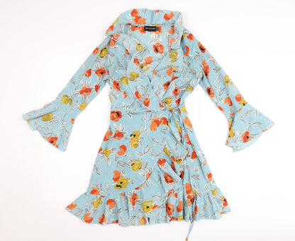 PrettyLittleThing Women’s Blue Floral Wrap Dress UK 4 Short Sleeve Ruffle